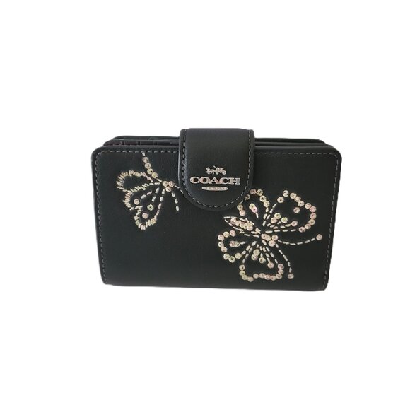 Coach CCL65 Medium Corner Zip Butterfly Print Bifold Wallet Smooth Leather Black - Picture 3 of 8